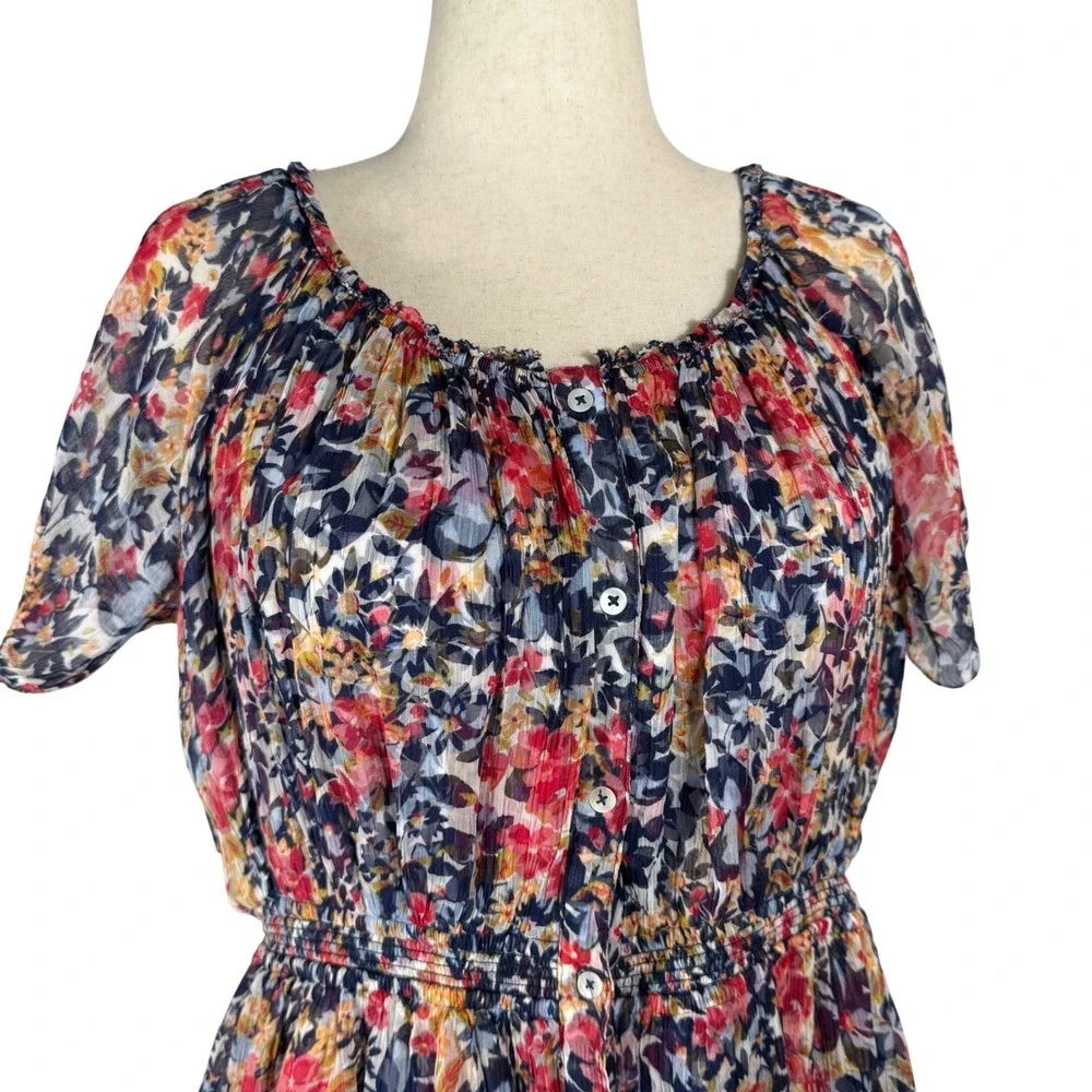 Sundance Floral Cupro Midi Dress Blue Red‎ Smocked Waist Short Sleeve Womens L